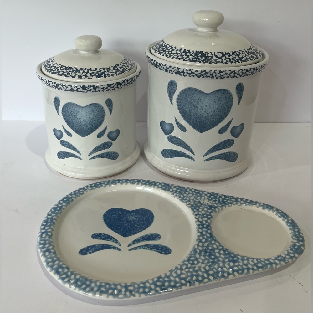 Jay Imports Blue Heart Corelle Coordinates Ceramic Canisters with Matching Plate